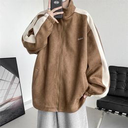 Männer Jacken Herbst Wildleder Streifen Graben Jacke Lose Beiläufige Rollkragen Mantel Koreanische Mode Große Größe Baggy Streetwear