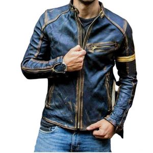 Vestes pour hommes automne Vintage en cuir col mince Multi fermeture éclair jeunesse manteau Punk Locomotive veste grande taille vêtements S-5XL