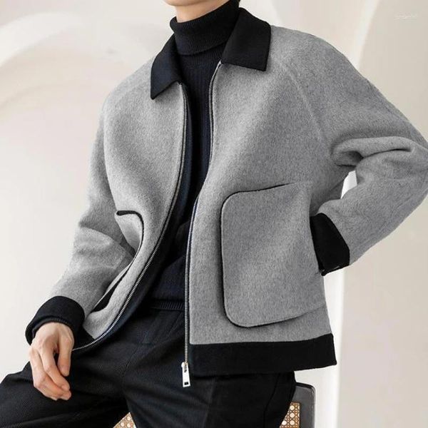 Chaquetas de hombre Otoño Invierno solapa de lana a prueba de frío grueso contraste Color Casual atractivo bolsillo chaqueta ropa masculina