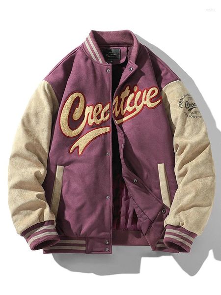 Chaquetas para hombres Otoño Invierno Letra Chaqueta de béisbol Hombres Gamuza Varsity Mujeres Vintage Flocado Abrigo Botón Moda Diseñador Pareja Púrpura