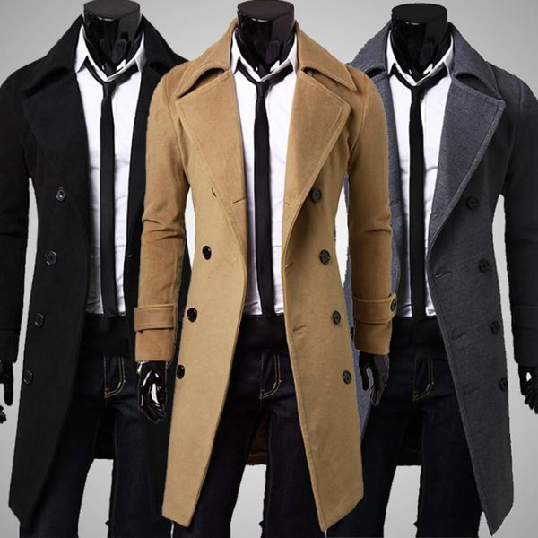 Vestes pour hommes automne hiver long trench-coat double boutonnage couleur unie mi-longueur coupe-vent épais britannique veste mince gabardina hombre 231113
