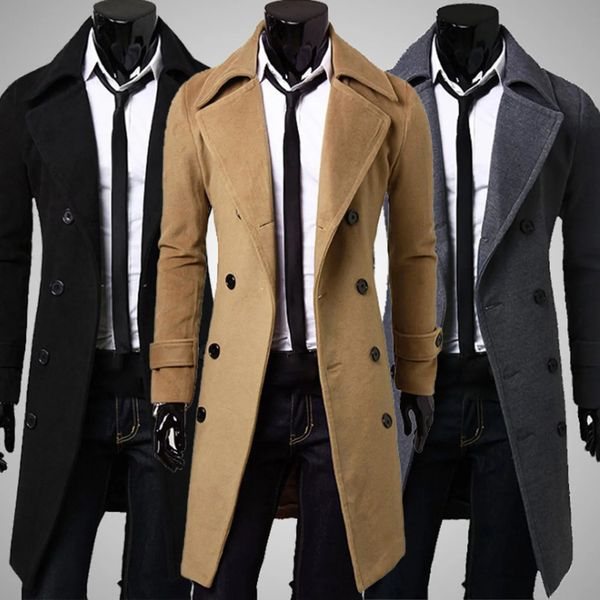 Vestes pour hommes automne hiver long trench-coat double boutonnage couleur unie mi-longueur coupe-vent épais britannique veste mince gabardina hombre 231115