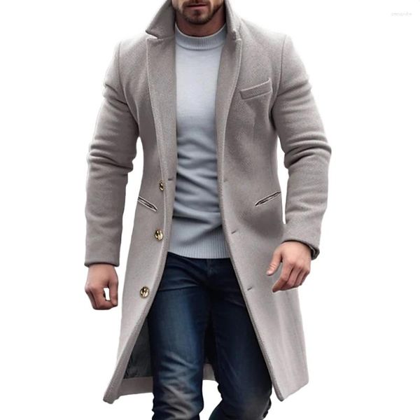 Vestes pour hommes automne hiver hommes manteaux à simple boutonnage pardessus couleur unie à manches longues mélanges de laine trench mâle hauts