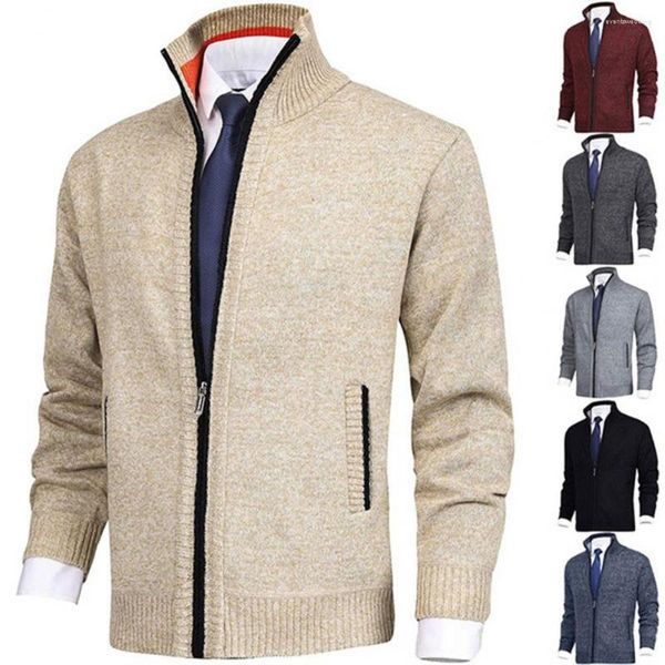 Chaquetas para hombre, suéter de otoño e invierno para hombre, abrigo con cremallera, cuello levantado de Color sólido, prendas de punto de manga larga con bolsillos sueltos, ropa de calle