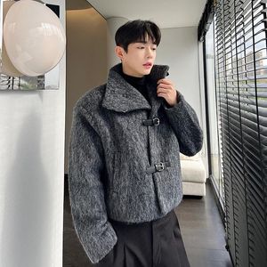 Herenjacks herfst winter mannen verdikken grijs wollen lederen knop stand kraag korte jas mannelijk Japan Koreaanse streetwear mode losse jas