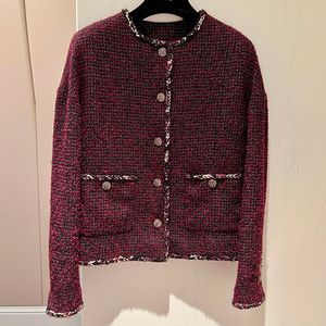 Wo Otoño Invierno abrigo de Tweed mujer moda púrpura manga larga cuello redondo chaqueta de alta calidad elegante tejido a mano forro de seda Tops