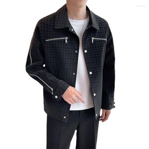 Vestes pour hommes automne fermeture éclair veste en cuir jacquard streetwear mode lâche décontracté vintage mâle moto