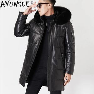 Chaquetas para hombres Ayunsue chaqueta de cuero genuino hombres cálido pato blanco abajo abrigos piel de oveja real invierno con capucha cuello de piel parka 231108