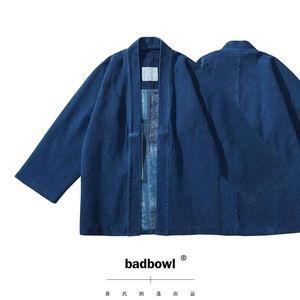 Chaquetas para hombres Badbowl japonés retro índigo planta kimono azul teñido bata pesada kendo tela media manga chaqueta hombres casual cardigan coa