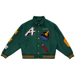 Herenjacks honkbal mannen groene raket geborduurde patch bomber college stijl harajuku casual losse streetwear 230309
