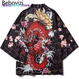 Herenjassen Bebovizi Japan Style Anime Dragon Gedrukte zwarte dunne kimono mannen Japanse streetwear oversized Losse Jackets Casual bovenkleding 022023H