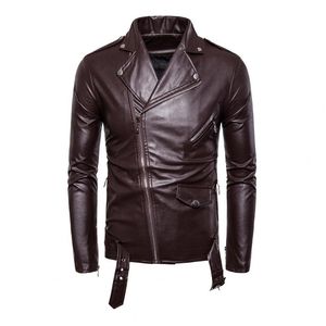 Chaquetas para hombre, ropa de calle con cinturón, chaqueta de moto con cuello de pico para hombre, abrigo con cremallera y cuello vuelto, abrigo ajustado para hombre, Otoño Invierno 220915