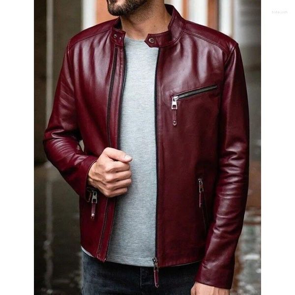 Vestes pour hommes style motard veste en cuir d'agneau véritable marron moto mode