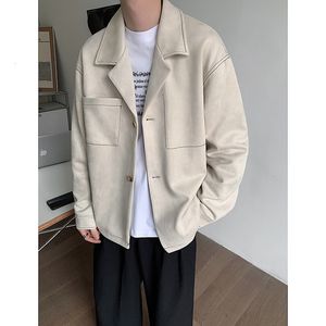 Mannen Jassen Zwart Beige Suède Jas Mannen Mode Oversized Casual Heren Streetwear Koreaanse Hiphop Losse Bomber Korte Jas 230729