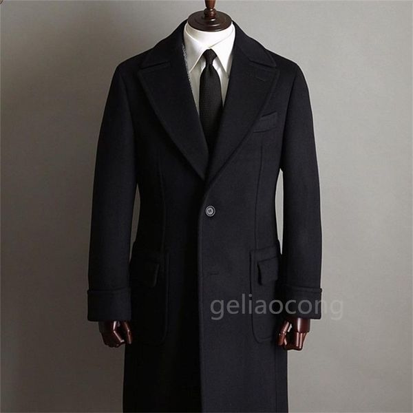 Vestes pour hommes Veste de costume en laine noire marine longue tweed trench-coat revers deux boutons blazer chaud vêtements d'extérieur pardessus 231102