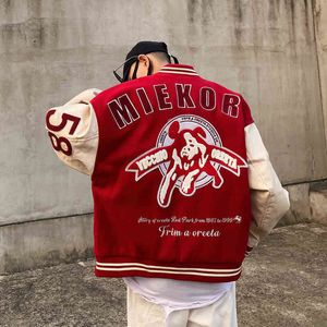 Chaquetas de los hombres Negro Rojo Oversize Varsity Jacket Vintage Men R Letter Bordado Béisbol Bomber Abrigos Mujeres Hip Hop Streetwear Funda de cuero T220914