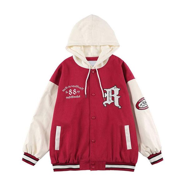 Chaquetas de hombre Negro Rojo Oversize Vintage Varsity Jacket Hombres Manga de cuero con capucha R Letra Embroid Thin Retro Baseball Bomber Coat Unifor