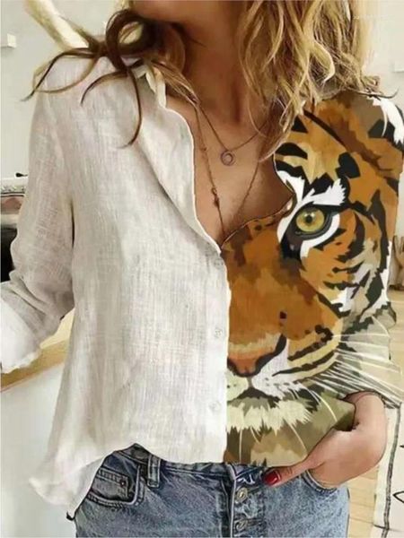 Chaquetas para hombres Blusa Mujer Tigre Impresión Camisa suelta Solapa Botón Manga larga Oficina Lady Ocio Streetwear Tops