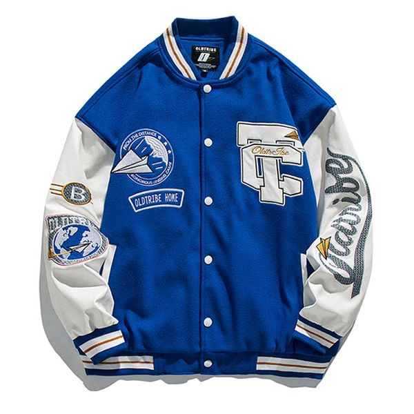 Vestes pour hommes Blue Bomber Jacket Hommes Vintage En Cuir Manches Varsity Baseball Manteaux Femmes Oversize Letterman Lâche Automne UniformeHommes