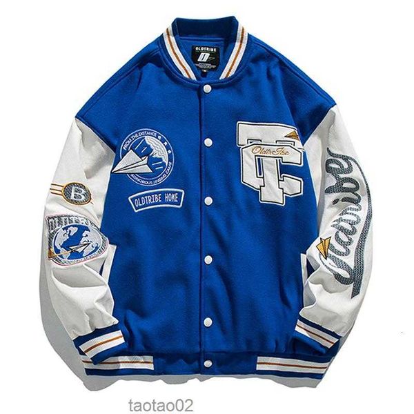 Chaquetas de hombre Chaqueta de bombardero azul Hombres Vintage Manga de cuero Varsity Abrigos de béisbol Mujeres Oversize Letterman Loose Autumn UniformMen'sXVJ2