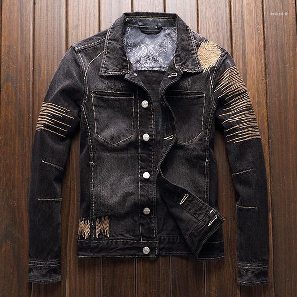 Chaquetas de hombre BONJEAN, chaqueta de motociclista clásica Vintage de mezclilla negra para hombre, chaqueta de motociclista Retro ajustada bordada, abrigo vaquero desgastado, gota