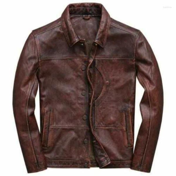 Chaquetas De Hombre Chaqueta De Cuero Marrón Moda Slim Fit Motocicleta Tendencia Retro