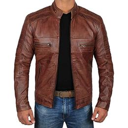 Heren Jackets Bruin Leather Mens Cafe Racer Real Lambskin Distressed Motorcycle 230217
