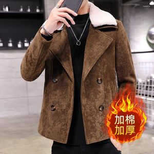 Chaquetas de hombre Chaqueta de bombardero de lana marrón con cuello blanco de piel Abrigos cortos de moda para hombre Ropa de invierno con estilo de doble botonadura Luz