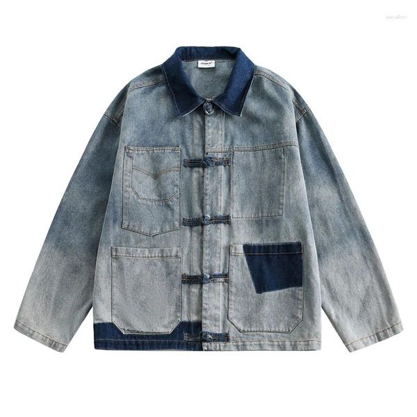 Vestes pour hommes boucle manteau Harajuku Couple Patchwork revers Vintage Denim veste chinois vêtements de sport printemps automne Homme