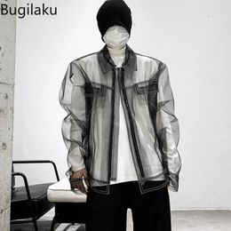 Vestes pour hommes Bugilaku Streetwear Vestes Hommes Voir à travers des manteaux à manches longues Style coréen Turn Down Col Zipper High Street Y2K Tops Ropa 231017