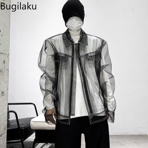 Jackets para hombres Bugilaku Streetwear Men Ve a través de capas de manga larga Talla de estilo coreano Down Collar High Street Y2K Tops ROPA 230815