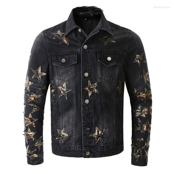 Vestes pour hommes Camouflage en cuir Star Patch Denim Ripped Ragular Slim Jeans Coat Street Hip Hop Cowboy Jacket