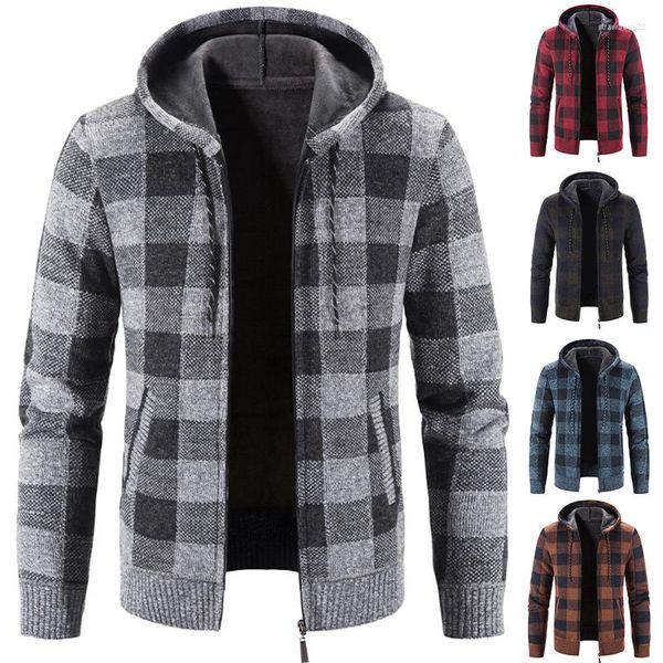 Vestes pour hommes Cardigan Veste Automne / Hiver Tricots Décontractés Tendance Pull À Capuche À Carreaux Épais Chaud Laine Manteau Froid