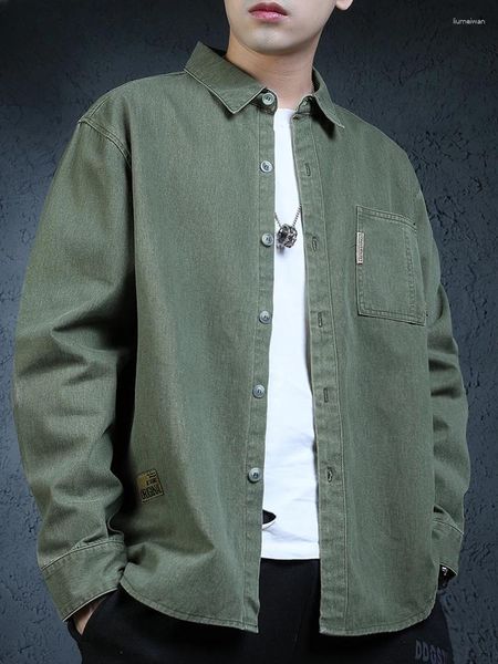 Chaquetas para hombres Camisa Casual Verde Otoño Invierno Algodón Moda Primavera Tamaño Grande Suelta Manga Larga Cuello De Doble Capa Chaqueta De Mezclilla