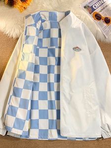 Herenjacks checkerboard dubbelzijdige mannen Koreaanse trend streetwear uisex urban vintage veelzijdige jas vrouwen preppy rits omhoog 221129