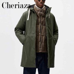 Giacche da uomo Cheriaza Winter Men New ArmyGreen Parka con cappuccio maniche lunghe vestiti di media lunghezza in cotone tinta unita casual mantieni caldo giacca maschile T220914