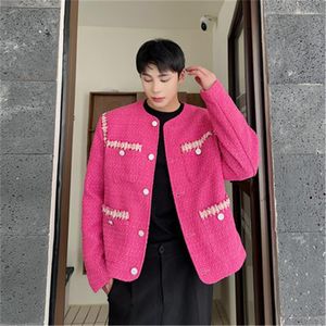 Chaquetas para hombre, chaqueta elegante de manga larga para hombre, abrigo de diseñador tejido, prendas de vestir de lana de Tweed rosa Vintage, ropa de calle coreana para hombre joven