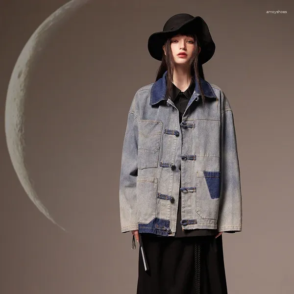 Chaquetas para hombres estilo chino hebilla vintage denim abrigo mujeres hombres streetwear moda suelta casual jeans chaqueta unisex primavera otoño