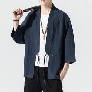 Herenjacks Chinese stijl Zomerheren Kimono Cardigan Lichtgewicht Casual katoen Zeven mouwen opensteek Front Hanfu Coats 5xl