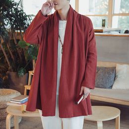 Herenjassen Chinese Tang Suite oude stijl Hanfu heren kleding katoen linnen mantel jas retro zen taoïstische mantel jurk 230816