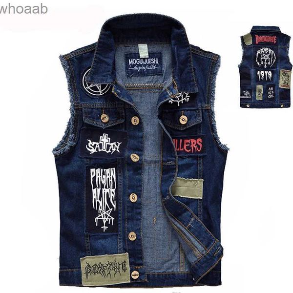 Chaquetas para hombres Clásico Vintage Jeans para hombres Chaleco Chaquetas sin mangas Diseños de parches de moda Estilo Punk Rock Vaquero rasgado Chaleco de mezclilla deshilachado Tanques YQ231207