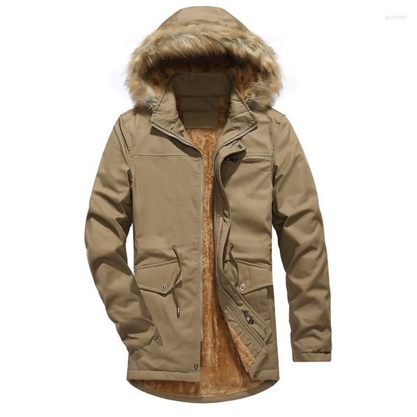 Vestes pour hommes Clearance Manteau d'hiver Hommes Mode Col de fourrure à capuche épaisse doublure en laine chaude coupe-vent veste mi-longue vêtements d'extérieur