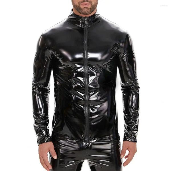 Vestes pour hommes Club Veste en simili cuir avec fermeture à glissière à col montant pour la performance en boîte de nuit lisse brillant