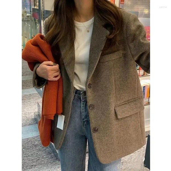 Chaquetas para hombres Blazer de lana de café Mujeres Otoño Invierno 2023 Moda coreana Chaqueta casual acolchada gruesa Lady Outerwear Abrigo suelto