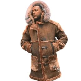 Vestes pour hommes Coldker Winter épais manteau hommes chaud Sherpa doublé en cuir suédé long avec boutons de corne de fourrure brun gingembre veste à capuche 231115