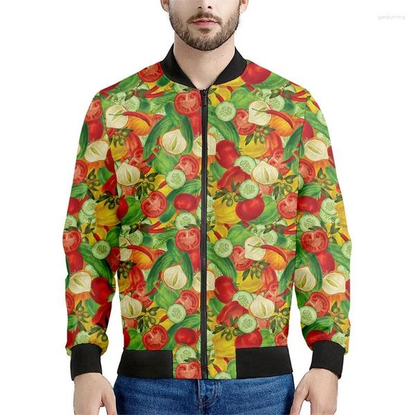 Chaquetas para hombre Chaqueta con cremallera con gráfico de frutas y verduras coloridas para hombre Sudadera vegana con estampado 3D Tops Manga larga Bombardero callejero