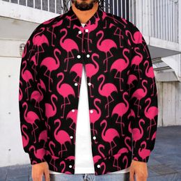 Herenjassen Cool Animal Print Baseball Jacket Roze Flamingo's Patroon Voor Mannen Varsity Lange Mouwen Haruku College Jassen 40