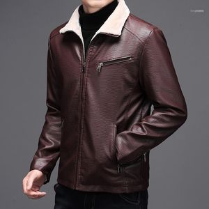 Chaquetas para hombres Cuero fresco para hombres en otoño e invierno con un ajuste de terciopelo Ropa de motocicleta Cuello alto Traje de papá engrosado