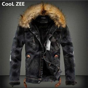 Herenjassen CooL ZEE Spijkerjas voor heren met bontkraag Retro gescheurde fleece jeans en jas voor herfst-winter S-XXXXL Z230711