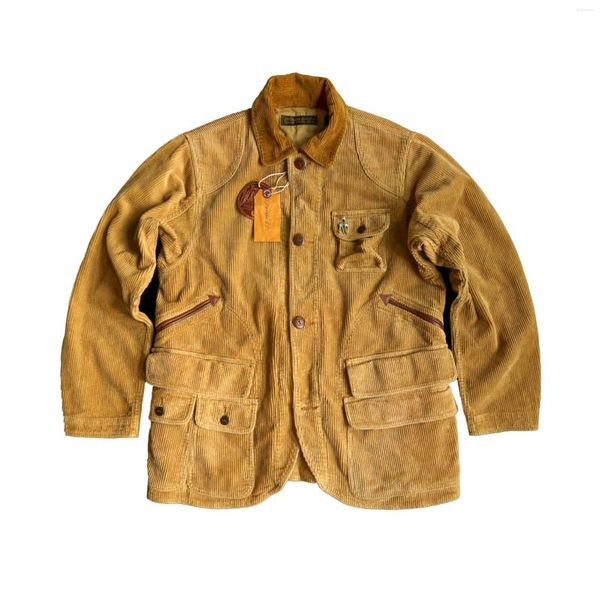 Vestes pour hommes Veste en velours côtelé Multi-poches Jaune clair Coupe ample Chasse Safari Workwear Vintage Designer Vêtements Printemps Automne